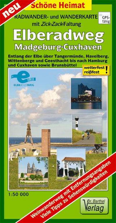 Radwander- und Wanderkarte mit Zick-Zack-Faltung Elberadweg, Magdeburg-Cuxhaven