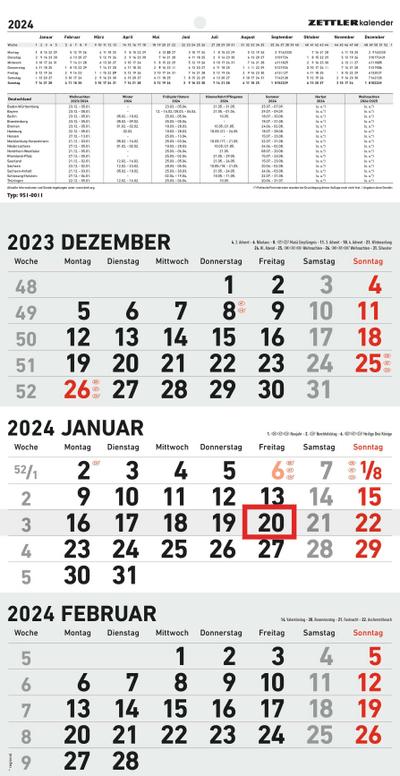 3-Monatskalender 2024 - 23,7x44,8 schwarz/rot - mit Motiv - Datumsschieber - 951-0011