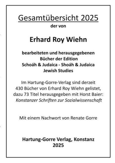Katalog zu den von Erhard Roy Wiehn bearbeiteten und herausgegebenen Büchern der Edition Schoáh & Judaica - Shoáh & Judaica / Jewish Studies