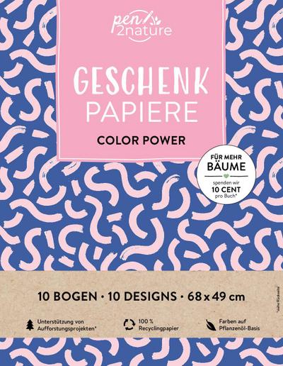 Geschenkpapier-Buch Color Power | 100% Recyclingpapier: 10 Bogen Geschenkpappier 68 x 49 cm gefaltet in 10 farbenfrohen Designs