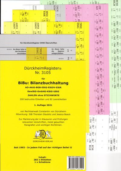 DürckheimRegister® BiBu-BilanzSteuerrecht - Wichtige Gesetze OHNE Stichworte für deine AO-AktG-BGB-EStG-EStR-GmbHG-HGB- KStG-UStG nur Zahlen und §§