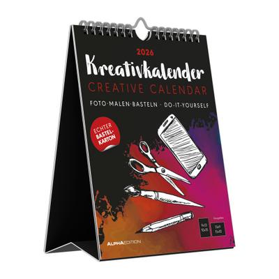 Kreativ-Kalender Tischaufsteller hoch schwarz 2026 - 16 x 20 -  Foto, Malen, Basteln A4 - datiert - Kreativkalender - Foto-Kalender - Alpha Edition