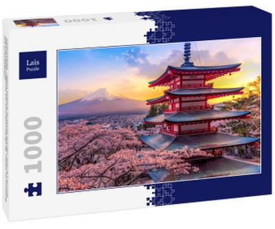 Lais Puzzle Fujiyoshida, Japan Schöne Aussicht auf den Mount Fuji und die Chureito-Pagode bei Sonnenuntergang, Japan im Frühling mit Kirschblüten 1000 Teile