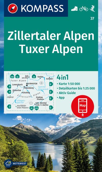 KOMPASS Wanderkarte 37 Zillertaler Alpen, Tuxer Alpen 1:25.000