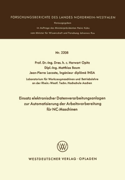 Einsatz elektronischer Datenverarbeitungsanlagen zur Automatisierung der Arbeitsvorbereitung für NC-Maschinen