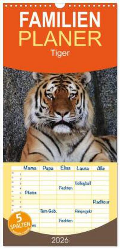 Familienplaner 2026 - Tiger mit 5 Spalten (Wandkalender, 21 x 45 cm) CALVENDO