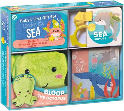 Baby’s First Gift Set Under the Sea: Soft Baby Wash Mitt for Toddlers 1-3, Stroller Book, Waterproof Bath Books - Best Newborn Baby Gifts