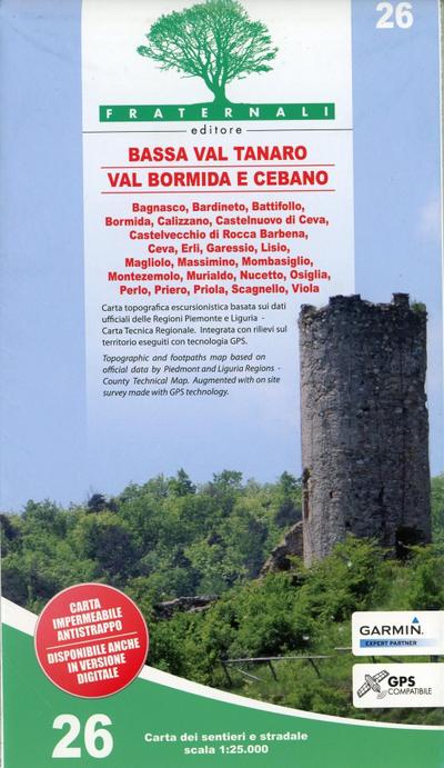 Carta n. 26. Bassa Val Tanaro, Val Bormida e Cebano. Carta dei sentieri e stradale 1:25.000. Adatto a GPS