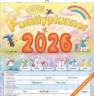 Familienplaner Cartoon 2026 - Broschürenkalender 30x30 cm (30x60 geöffnet) - Kalender mit Platz für Notizen - 6 Spalten - Bildkalender - Wandkalender