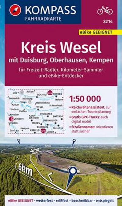KOMPASS Fahrradkarte 3214 Kreis Wesel mit Duisburg, Oberhausen, Kempen 1:50.000
