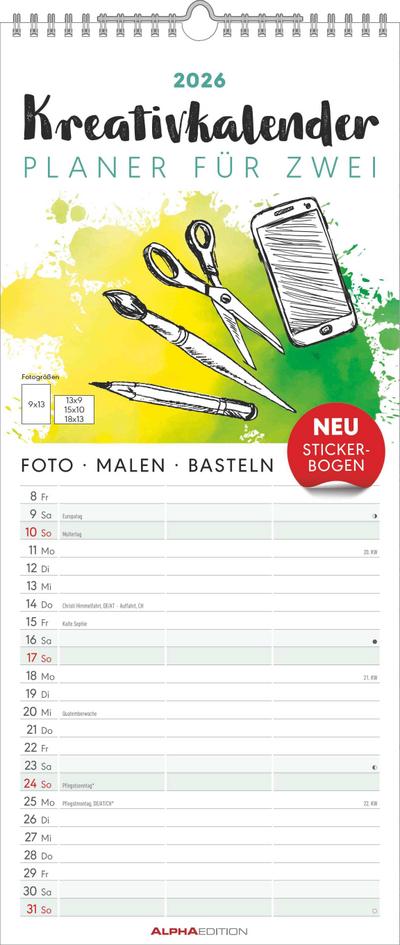 Kreativ-Kalender Planer für 2 2026 - 3 Spalten  - 19,5x45 cm - Foto, Malen, Basteln - datiert - Kreativkalender - Foto-Kalender - Alpha Edition