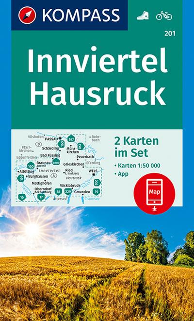 KOMPASS Wanderkarte Innviertel, Hausruck: 2 Wanderkarten 1:50000 im Set inklusive Karte zur offline Verwendung in der KOMPASS-App. Fahrradfahren. (KOMPASS-Wanderkarten, Band 201)