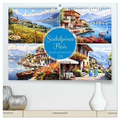 Südalpines Flair - Seen, Berge und Fantasiestädte (hochwertiger Premium Wandkalender 2026 DIN A2 quer), Kunstdruck in Hochglanz