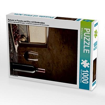 Rotwein in Flasche und Glas mit Weintrauben (Puzzle)