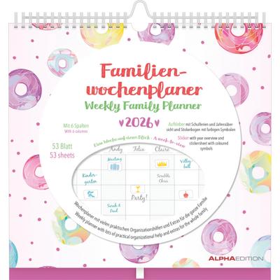 Alpha Edition - Familien Wochenkalender Dots 2026 - Familienplaner im Format 30,5x30,5 cm - Wochenkalender mit 6 Spalten - Mit Aufklebern, Stifthalter - Terminplaner - FSC-zertifiziert