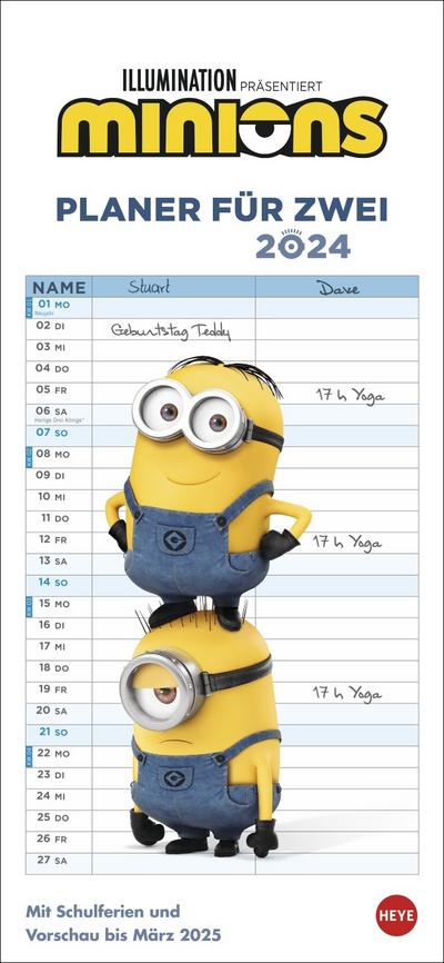 Minions Planer für zwei 2024. Kalender mit den kleinen gelben Chaos-Charakteren aus den Filmen. Partnerplaner 2024, ein absoluter Hingucker und praktischer Überblick über alle wichtigen Termine.