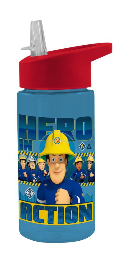 POS 27264 - Trinkflasche mit Feuerwehrmann Sam Motiv, transparent mit Strohhalm zum hochklappen, BPA-frei, Fassungsvermögen ca. 450 ml, ideal für Schule, Sport und Freizeit