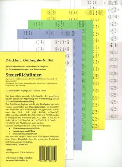 SteuerRichtlinien Griffregister Nr. 948 (2014): 255 selbstklebende und farbig bedruckte Griffregister für SteuerRichtlinien. Die Neuauflage erscheint: August 2015_ISBN 9783864530555