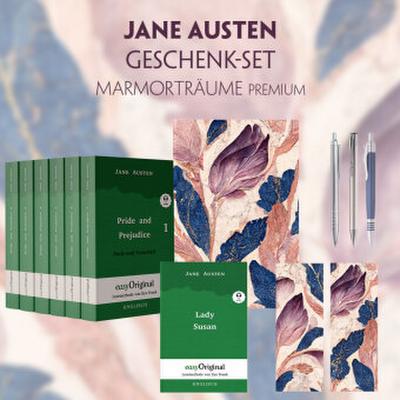 Jane Austen Geschenkset - 7 Bücher (Softcover + Audio-Online) + Marmorträume Schreibset Premium, m. 7 Beilage, m. 7 Buch
