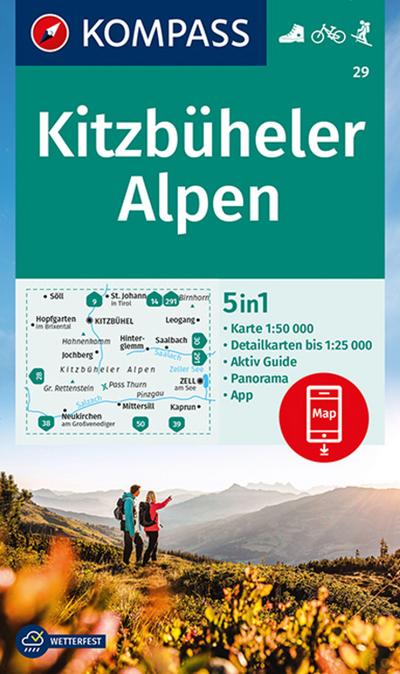 KOMPASS Wanderkarte 29 Kitzbüheler Alpen 1:50.000: 5in1 Wanderkarte mit Aktiv Guide, Detailkarten und Panorama inklusive Karte zur offline Verwendung in der KOMPASS-App. Fahrradfahren. Skitouren.