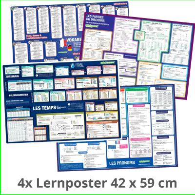 mindmemo Lernposter 4er Set - Französische Zeiten + Wortarten + Pronomen + Grundwortschatz | Grammatik lernen Grundwissen Lernhilfe