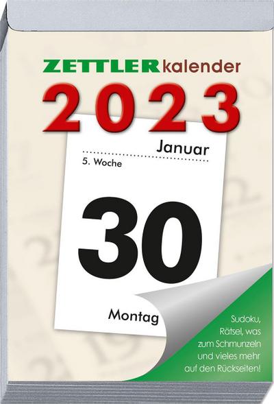 Tagesabreißkalender XXL 2023 - 9,9x14,3 cm - 1 Tag auf 1 Seite - mit Sudokus, Rezepten, Rätseln uvm. auf den Rückseiten - Bürokalender 313-0000