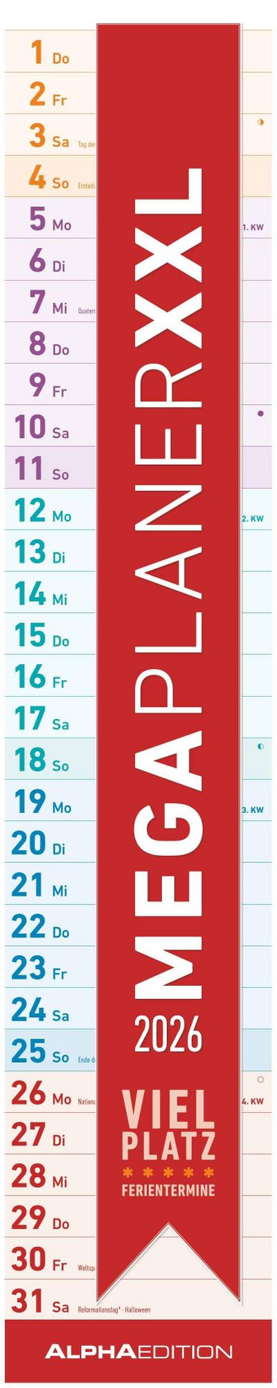 Megaplaner XXL 2026 - Streifen-Kalender 17,5x98 cm - mit Ferienterminen - viel Platz für Notizen - Wandplaner - Küchenkalender - Alpha Edition