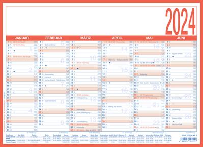 Arbeitstagekalender 2024 - A4 (29 x 21 cm) - 6 Monate auf 1 Seite -  Tafelkalender - auf Pappe kaschiert - Jahresplaner - 908-1315