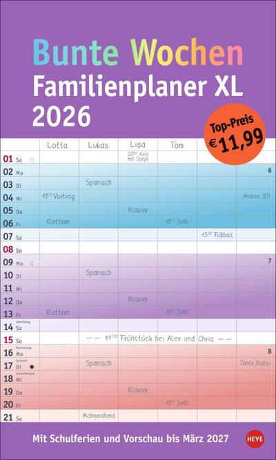 Bunte Wochen Familienplaner XL 2026
