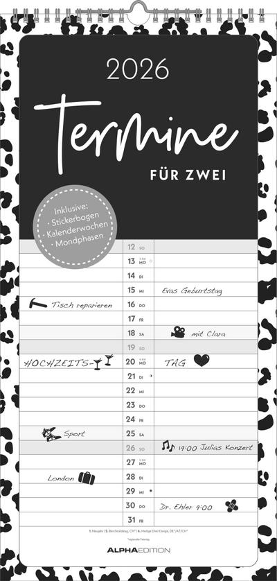 Termine für 2 Black and White 2026 Familienplaner - Timer - Termin-Planer - Couple-Kalender - Familien-Kalender - 22x45