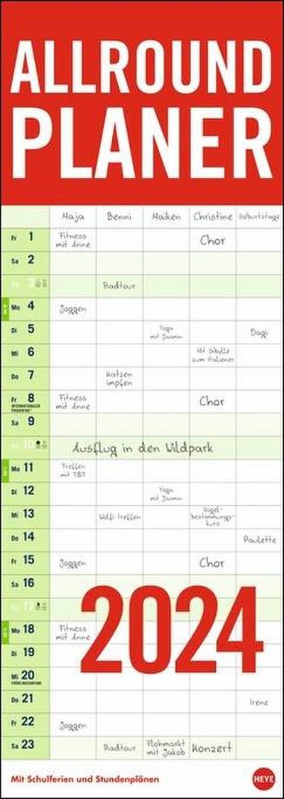 Allround-Familienplaner Vertical 2024. Praktischer Wandplaner mit 5 Spalten. Großer Familien-Wandkalender mit Schulferien und 3 Stundenplänen. Terminkalender 2024.