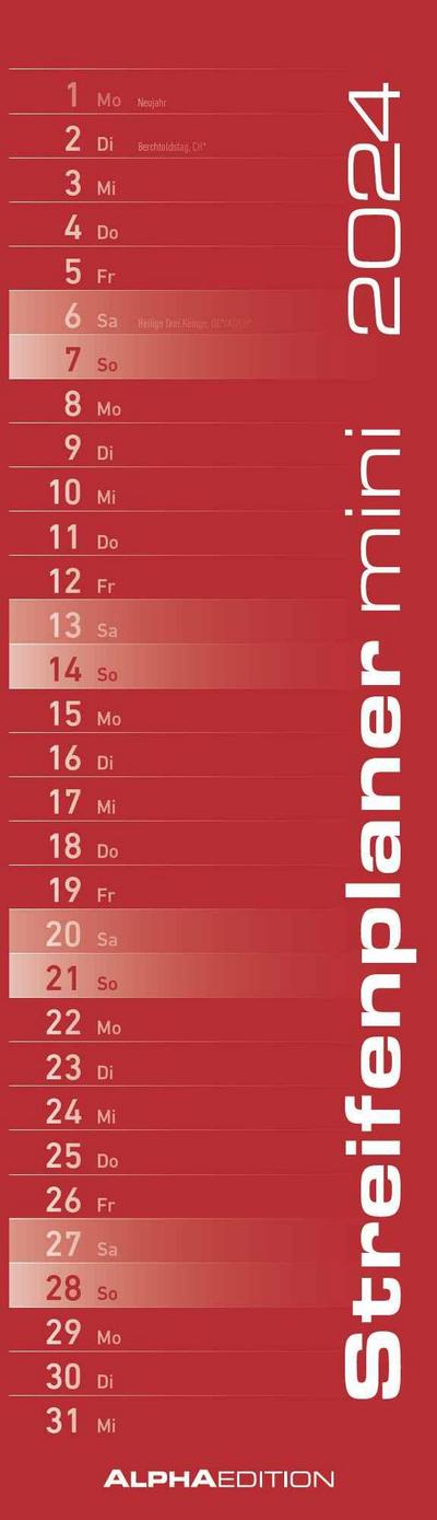 Streifenplaner Mini Rot 2024 - Streifen-Kalender 9,5x33 cm - Küchenkalender - Wandplaner - Alpha Edition