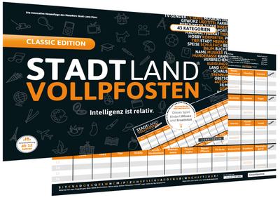 DENKRIESEN - Stadt Land VOLLPFOSTEN® - `Intelligenz ist relativ` - innovatives XXL-Stadt-Land-Fluss Partyspiel - 50 Blätter - Stadt Land FLUSS NEU AUFGELEGT