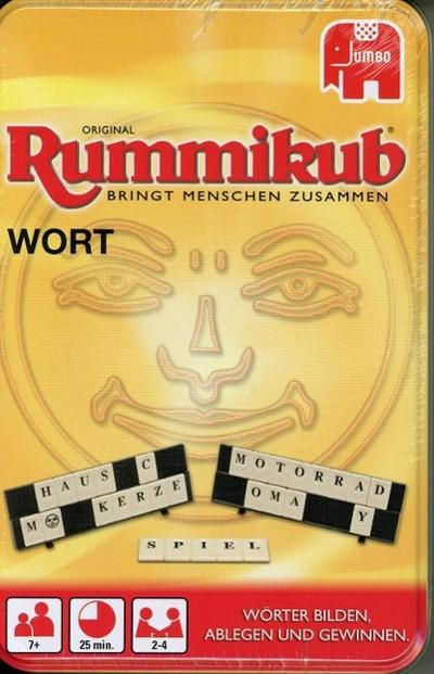 Jumbo Spiele Original Rummikub Wort in Metalldose - Das kultige Gesellschaftsspiel in der kompakten Dose - Für Erwachsene und Kinder ab 7 Jahren