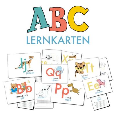ABC-Lernkarten der Tiere, Bildkarten, Wortkarten, Flash Cards mit Groß- und Kleinbuchstaben Lesen lernen mit Tieren für Kinder im Kindergarten und der Grundschule