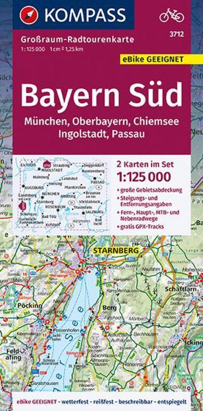 KOMPASS Großraum-Radtourenkarte 3712 Bayern Süd, Oberbayern, Chiemsee, Ingolstadt, Passau, München 1:125.000: 2 Karten im Set, reiß- und wetterfest, GPX-Daten zum Download