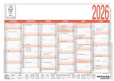 Zettler Arbeitstagekalender A6 2026 - Bürokalender kompakt 15 × 11 cm, 6 Monate pro Seite, Arbeitstage-, Tages- & Wochenzähler, Ferienübersicht, Feiertage, Mondphasen, FSC, Kartoneinband