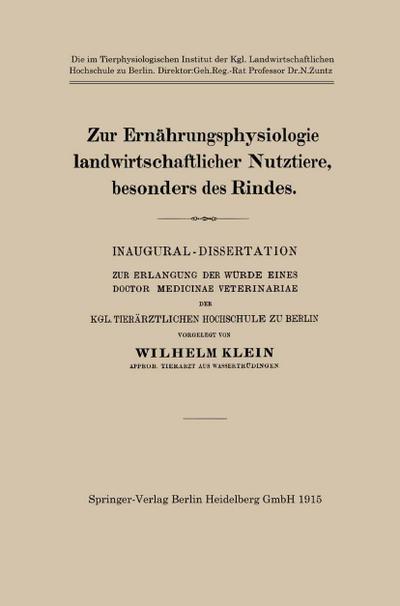 Zur Ernährungsphysiologie landwirtschaftlicher Nutztiere, besonders des Rindes