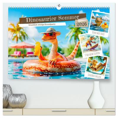 Dinosaurier Sommer - Urzeitlich witzige Strandparty (hochwertiger Premium Wandkalender 2026 DIN A2 quer), Kunstdruck in Hochglanz