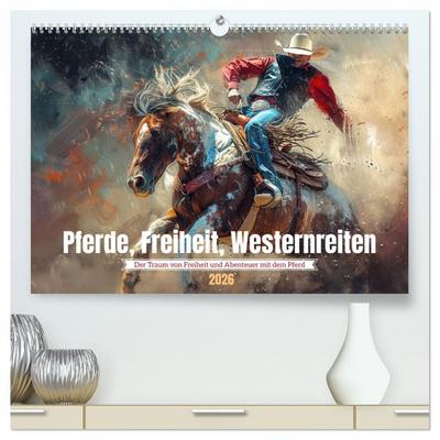 Pferde, Freiheit, Westernreiten (hochwertiger Premium Wandkalender 2026 DIN A2 quer), Kunstdruck in Hochglanz