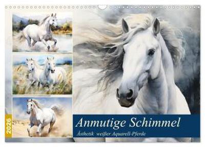 Anmutige Schimmel. Ästhetik weißer Aquarell-Pferde (Wandkalender 2026 DIN A3 quer), CALVENDO Monatskalender