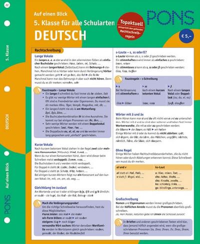 PONS Deutsch auf einen Blick - 5. Klasse: kompakte Übersicht: Grammatik, Kommunikation, Wortschatz und Aussprache nachschlagen