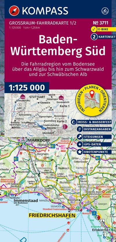 KOMPASS Großraum Fahrradkarte 3711 Baden-Württemberg Süd, die Fahrradregion vom Bodensee über das Allgäu bis zum Schwarzwald und der Schwäbischen Alb; mit Knotenpunkten 1:125.000