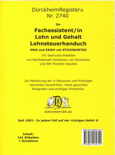 DürckheimRegister® Nr. 2740 Fachassistent/in Lohn und Gehalt (2024) Lohnsteuerhandbuch