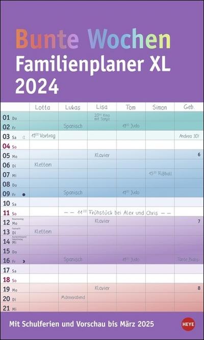Bunte Wochen Familienplaner XL 2024. Familienkalender mit 6 Spalten. Praktischer Familien-Wandkalender mit Schulferien. Extra breiter Terminkalender.