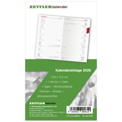 Kalender-Ersatzeinlage 2026 - für den Taschenplaner Typ 540 - 8,8x15,2 cm - 1 Woche auf 1 Seiten - separates Adressheft - faltbar - Notizheft - 540-6198