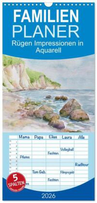 Familienplaner 2026 - Rügen Impressionen in Aquarell mit 5 Spalten (Wandkalender, 21 x 45 cm) CALVENDO
