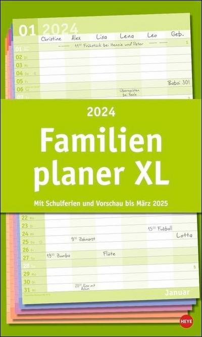 Basic Familienplaner XL 2024. Familienkalender mit 6 Spalten. Praktischer Familien-Wandkalender mit Schulferien. Extra breiter Terminkalender. 27 x 45 cm.