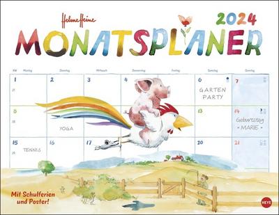 Helme Heine Monatsplaner 2024. Liebevoll illustrierter Wandkalender von Helme Heine mit den drei Freunden. Termin-Kalender 2024 zum Eintragen. 44 x 34 cm. Querformat.