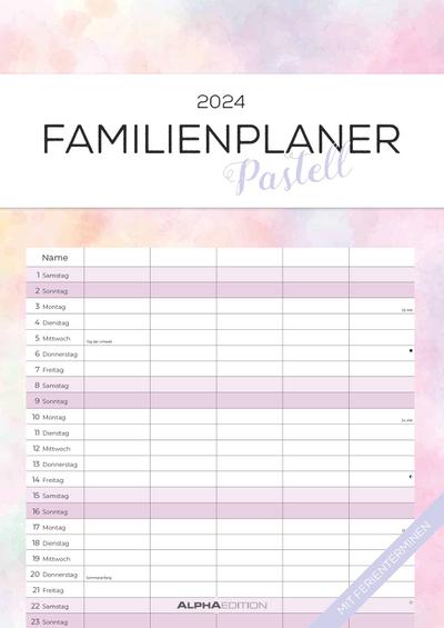 Familienplaner Pastell 2024 - Familienkalender A3 (29,7x42 cm) - mit 5 Spalten, Ferienterminen (DE/AT/CH) und viel Platz für Notizen - Wandkalender